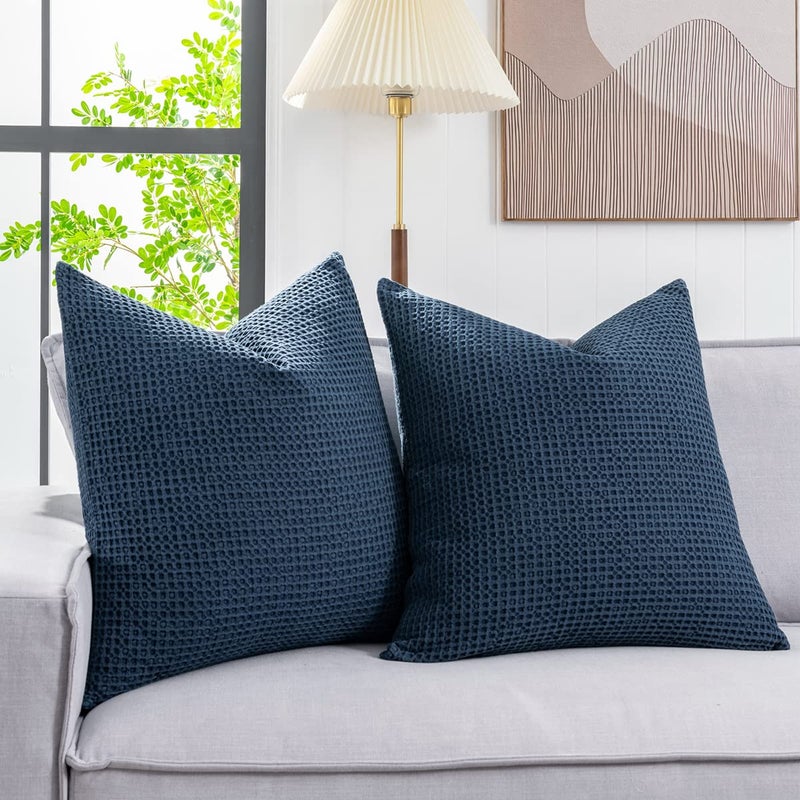 COCOPLOCEUS 26x26 Pillow Covers Set of 2 Euro Shams Cotton Euro Sham Pillow Covers Waffle Weave Pillowcase Farmhouse Decorative Euro Throw Pillow Covers for Couch Sofa Bedroom Car  Dark Blue - Image 3